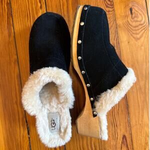 UGG Australia Black Shearling Lined Wooden Clog Mules, Sz 41 US 10